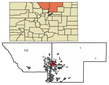 Larimer County and Weld County Colorado Incorporated and Unincorporated areas Windsor Highlighted 0885485.svg