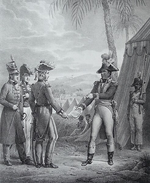 Generals Thomas Maitland and Toussaint Louverture meet to discuss a secret treaty, unknown artist, c.1800