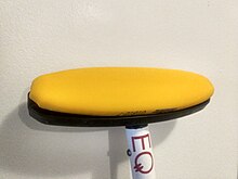 Following the "broomgate" controversy, these mustard-yellow broom-heads are the only legal broom-heads certified by the World Curling Federation for competitive play. Legal brushhead in curling.jpg