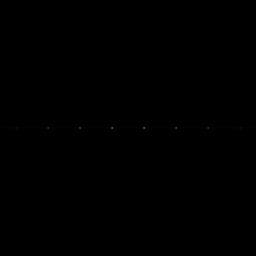 Das Leistungsdichtespektrum des Liniengitters. Nur die Ortsfrequenzen, die exakt in horizontaler Richtung liegen, tragen zur Kontrastübertragung bei. Durch die Periodizität des Liniengitters werden die Beugungsmaxima respektive die auftretenden Ortsfrequenzen schärfer und haben somit eine geringere Bandbreite.