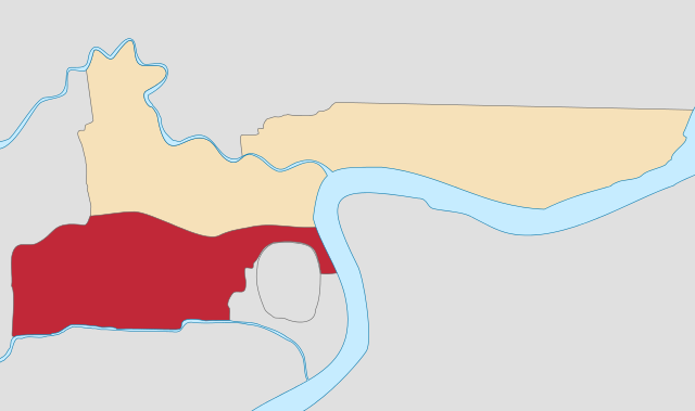 Местоположение Шанхайского международного сеттльмента (жёлтый), французской концессии (красный) и китайской зоны (серый)