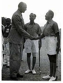 Major Manna Singh Shaking Hand with K. M. Cariappa along with Major Dhyan Chand (1950)