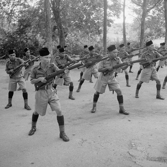 c. October 1941, Malay Regiment soldiers at a bayonet practice before the Battle of Singapore.