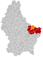 Комуна Бердорф (помаранчевий), кантон Ехтернах (темно-червоний) та округ Гревенмахер (темно-сірий) на карті Люксембургу