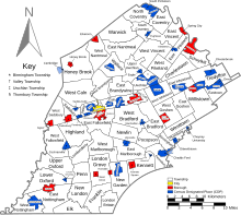 Map of Chester County with labels showing cities (in yellow), boroughs (in red), townships (in white), and census-designated places (in blue) Map of Chester County Pennsylvania With Municipal and Township Labels.svg