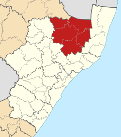 Kaart van Suid-Afrika wat Zululand in KwaZulu-Natal aandui