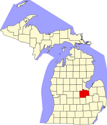 Location of Saginaw County in Michigan Map of Michigan highlighting Saginaw County.svg