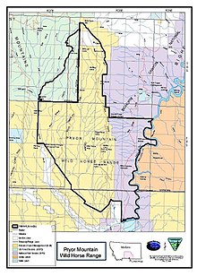 Bureau of Land Management map of the Pryor Mountains Wild Horse Range, showing BLM, Crow Nation, Forest Service, National Park Service, private, and state lands. Map of Pryor Mountains Wild Horse Range - 2009.jpg