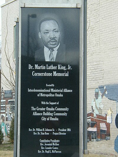 Photo of Dr. Martin Luther King Jr. Cornerstone Memorial at the NW corner of 24th and Lake St in North Omaha.