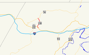 Een kaart van het noordwesten van Allegany County, Maryland met belangrijke wegen.  Maryland Route 638 is de lokale weg tussen Echhart Mines en Mount Savage.