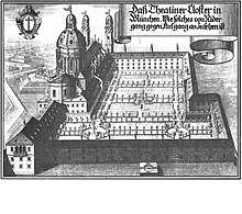 Theatine Church, about 1700 (Copperplate engraving by Michael Wening) Michael Wening Dass TheatinerCloster in Munchen.jpg