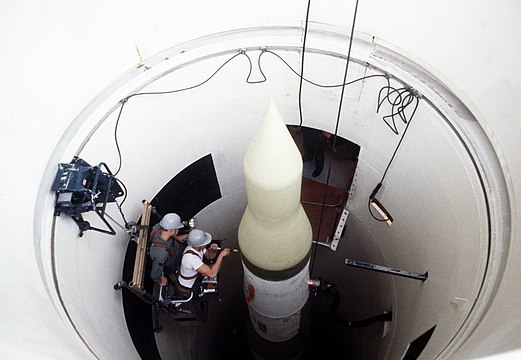 U.S. Minuteman II missile being worked on, in its underground silo launch facility.