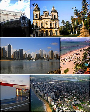 Em cima: Colônia dos Padres e a Igreja Nossa Senhora dos Prazeres; No meio: Orla de Candeias e a Orla de Piedade; Em baixo: Centro Cultural Miguel Arraes e vista Aérea da cidade