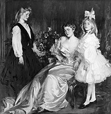 Caroline Bartlett Sears (center) and her daughters Elizabeth (left) and Phyllis (right), portrait by James Jebusa Shannon, 1905. Mrs. Herbert M. Sears (Caroline Bartlett) with her Daughters Elizabeth (Mrs. Bayard Warren) and Phyllis (Mrs. Sears Tuckerman).jpg