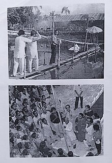 Lokenath's great devotee Nityagopal Saha during the building of the temple, and on Indian Independence Day at Lokenath Brahmachari's birthplace - Kachuadham .