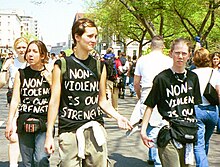 Pro-nonviolence protesters at an anti-globalization protest Nonviolence protesters-04-16-00.JPG