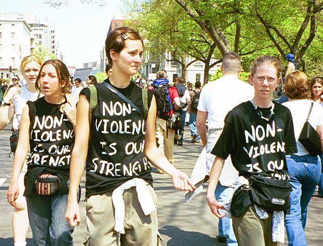 Pro-nonviolence protesters at an anti-globalization protest