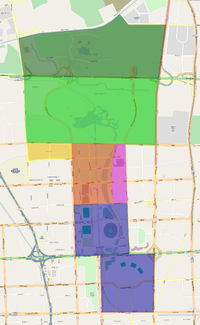 另一种划分方式。深绿色：生态康体区；浅绿色：森林游憩区；红色：特色商业区；粉色：文化科教区；蓝色：体育功能区。黄色为奥运村。