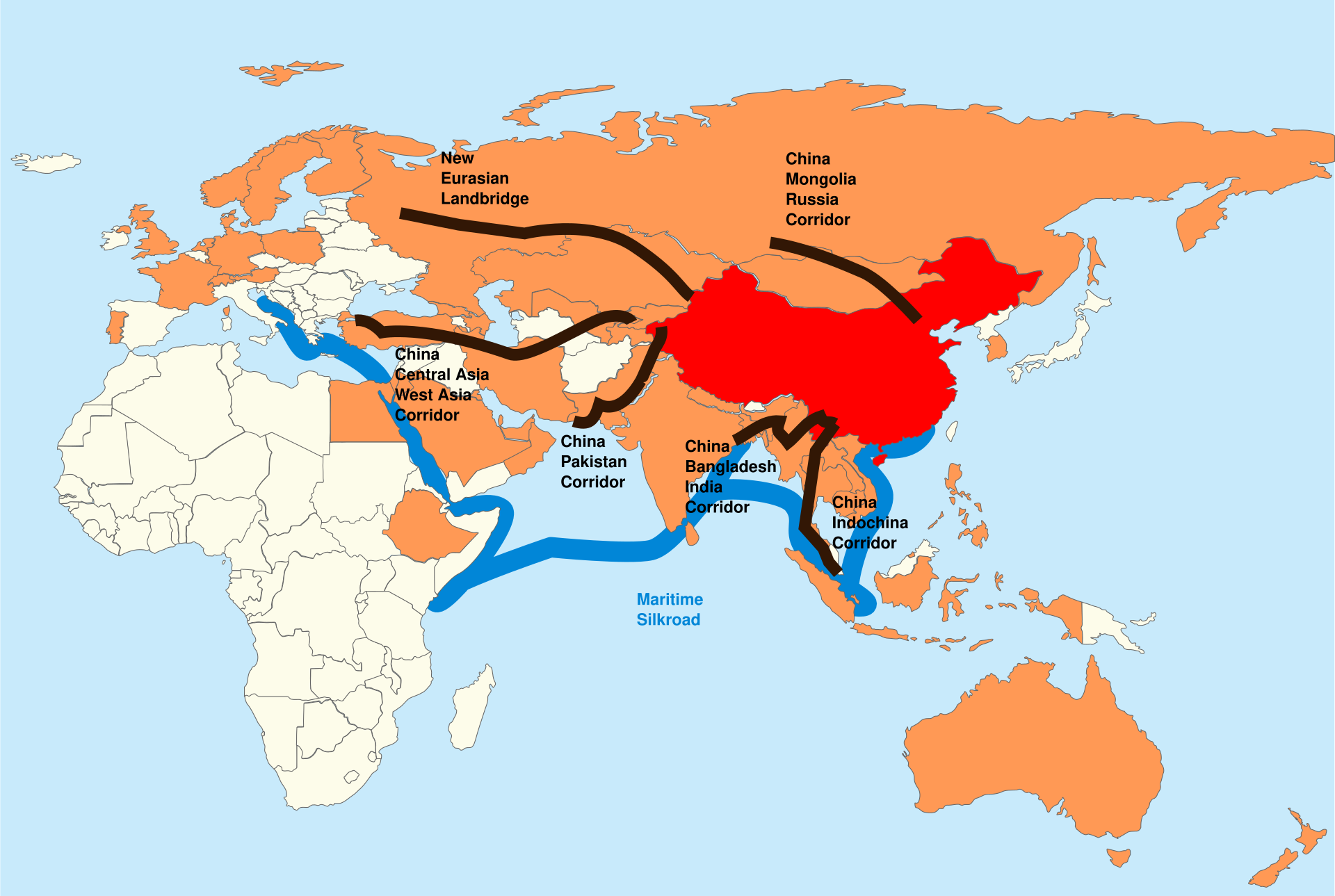 Map of Asia, showing the OBOR initiative