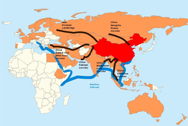 The Belt and Road initiative. China in red. Members of the Asian Infrastructure Investment Bank in orange.[115]