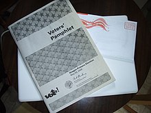 Oregon's elections are conducted by mail, and are preceded by a mailing of a Voters' Pamphlet like the one pictured here. Oregon voter pamphlet.jpg