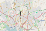 Kart over de sentrale delene av Oslo. Uelands gate, det tradisjonelle skillet mellom østkanten og vestkanten, er markert i sort.