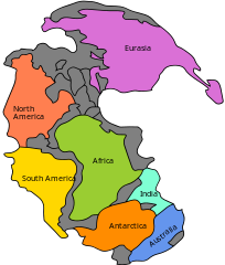 Image 62Pangaea was a supercontinent that existed from about 300 to 180 Ma. The outlines of the modern continents and other landmasses are indicated on this map. (from History of Earth)