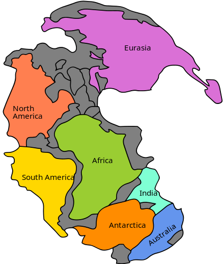 Pangaea was a supercontinent that existed from about 300 to 180 Ma. The outlines of the modern continents and other landmasses are indicated on this map.