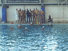 Panionios Athens water polo players gathered with their couch Kostas Loudis Panionios 02.JPG