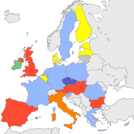 The member-states of the European Union by the European party affiliations of their leaders, as of 1 January 2008. Party affiliations in the Council of the EU 20 Dec 2007.png