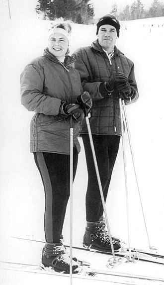 Pitou with politician Barry Goldwater Jr. at her skiing school at the Gunstock Mountain Resort in 1964 Penny Pitou and Barry Goldwater Jr 1964.jpg