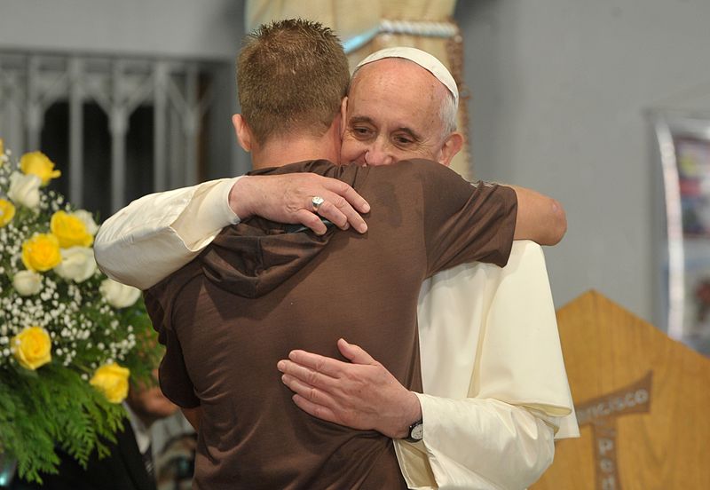 File:Pope Francis hugs a man in his visit to a rehab hospital.jpg