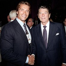 Schwarzenegger with President Ronald Reagan two months before The Terminator's premiere in 1984 President Ronald Reagan with Arnold Schwarzenegger Retouched (cropped).jpg