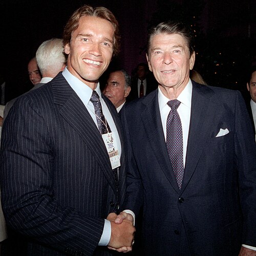 Schwarzenegger with President Ronald Reagan two months before The Terminator's premiere in 1984