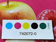 Food packaging printed in CMYK to faithfully reproduce the color of the pictured fruits. A process control patch from elsewhere on the same box helps ensure proper color reproduction. Process Control Patch.jpg
