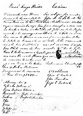 Document manuscrit rédigé en deux parties. A droite en espagnol, à gauche en rapanui tahitien. Les noms des signataires sont tous mentionnés, les rapanui signent d'une croix.