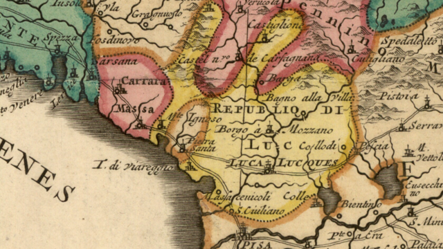 1700년부터 1750년까지 루카 공화국의 영토를 보여주는 이탈리아의 프랑스 지도의 세부 사항. 이 지도는 니콜라스 샌슨(1600년~1667년)이 설계하고 코벤스 & 모티에가 사후에 출판했다.