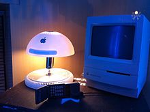 An iMac G4 that has been repurposed into a lamp (photographed next to a Mac Classic and a Motorola MicroTAC) Repurposed Imac.JPG