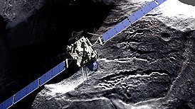Пролёт зонда «Розетта» близ кометы (кадр из фильма Chasing a Comet — The Rosetta Mission)