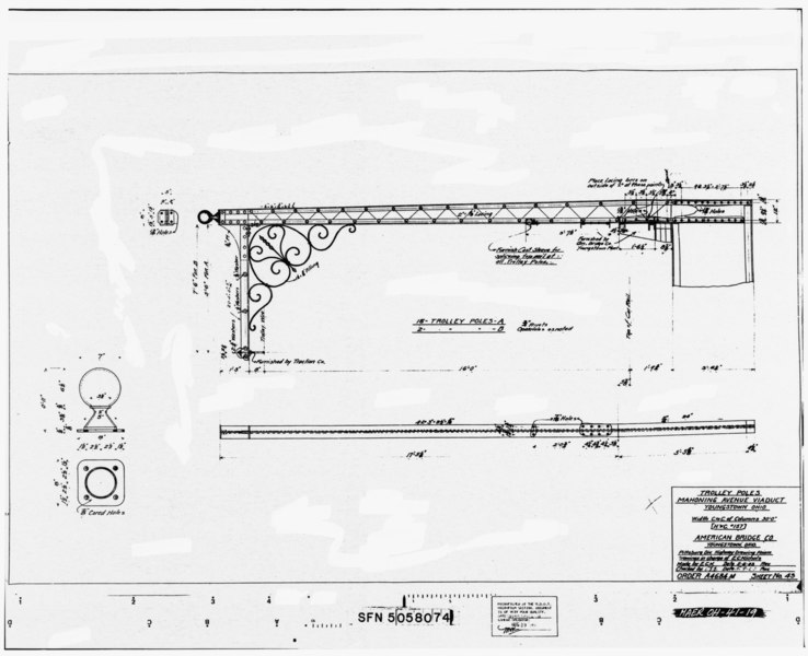 File:SHEET NO. 43 TITLED 'TROLLEY POLES,' DATED MAY 6, 1903 - Mahoning Avenue Pratt Double-Deck Bridge, Spanning Mill Creek at Mahoning Avenue (C.R. 319), Youngstown, Mahoning HAER OHIO,50-YOUNG,2-19.tif