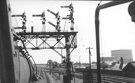 A gantry of British semaphore signals seen from the cab of a steam locomotive