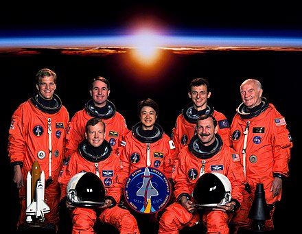 Duque (standing, second from the right) with the crew of the STS-95 in 1998