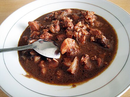 Saksang, pork cooked in spices and its own blood