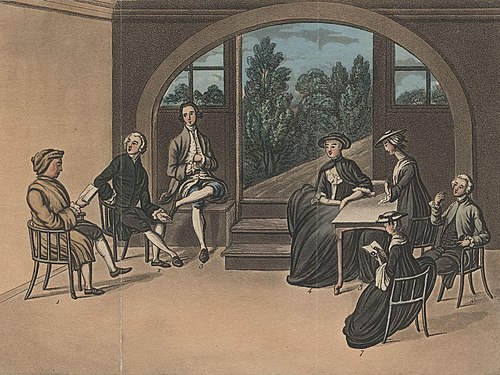 サミュエル・リチャードソンは、1751年にチャールズ・グランディソン卿の原稿を友人のグループに朗読しました。ハイモア嬢による色付きの彫刻。ナショナルポートレートギャラリー、ウェストミンスター、イギリス。Wikipediaより