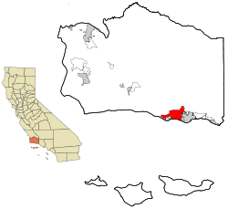 カリフォルニア州におけるサンタバーバラ郡（左図）およびゴリータ市の位置の位置図