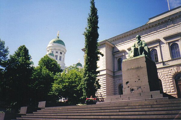 The Bank of Finland, Helsinki, with the statue of Johan Vilhelm Snellman by sculptor Emil Wikström in front