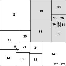 24 squares, all of different sizes, fit together seamlessly to form a large square;  some squares form a smaller square inside the large one.