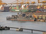 Ship docked in a container harbour