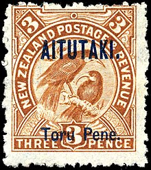 A New Zealand 3d stamp overprinted for use in Aitutaki. Stamp Aitutaki 1903 3p.jpg