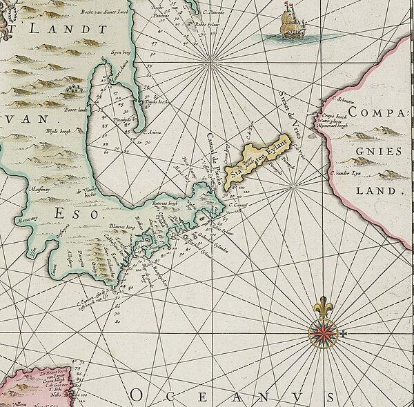 "Staten Eylant" between Hokkaido ("Eso") and the imaginary continent of "Companies Land" on Jan Janssonius's 1654 New and Accurate Description of Japa